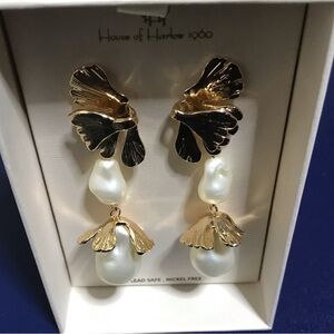 House of Harlow 1969 Gold Leaf and Faux Pearl Dangle Drop Earrings
